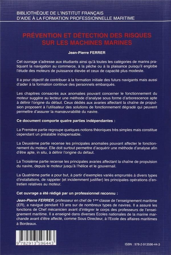 Quatrième de couverture de « PREVENTION ET DETECTION DES RISQUES SUR LES MACHINES MARINES »
