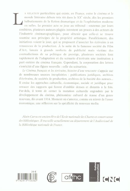 Quatrième de couverture de « LE CINEMA FRANCAIS ET LES ECRIVAINS - HISTOIRE D'UNE RENCONTRE, 1906-1914 »
