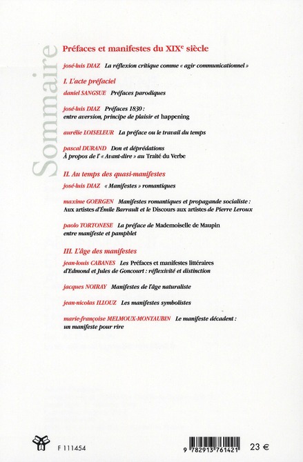 Quatrième de couverture de « REVUE DES SCIENCES HUMAINES, N 295/JUILLET - SEPTEMBRE 2009 - PREFACES ET MANIFESTES DU XIXE SIECLE »