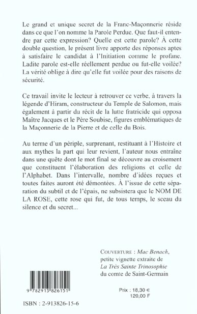 Quatrième de couverture de « PAROLE VOILEE A LA PAROLE PERDUE (DE LA .) »