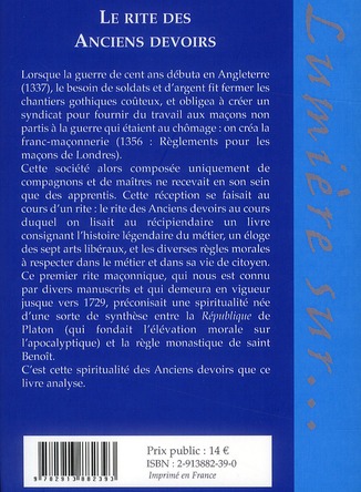 Quatrième de couverture de « LE RITE DES ANCIENS DEVOIRS - OLD CHARGES (1390-1729) »