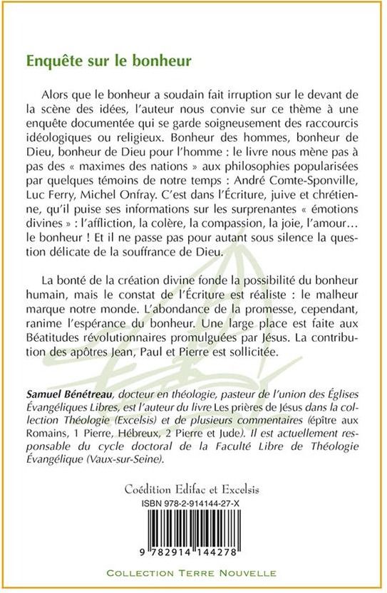Quatrième de couverture de « BONHEUR DES HOMMES, BONHEUR DE DIEU. SPECIFICITE ET PARADOXE DE LA JOIE CHRETIENNE »