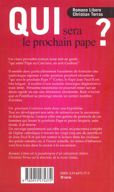Quatrième de couverture de « QUI SERA LE PROCHAIN PAPE »