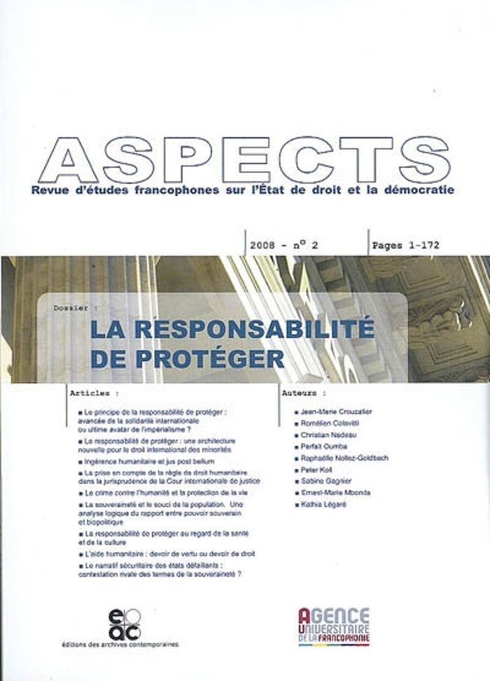 Couverture du livre « LA RESPONSABILITE DE PROTEGER, REVUE ASPECTS NO.2 » de Collectif, librairie Les Contes Infusés à Corte