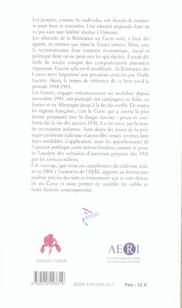 Quatrième de couverture de « CORSE DES ANNEES DE GUERRE, 1939-1945 »