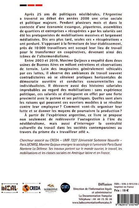 Quatrième de couverture de « NEOLIBERALISME ET AUTOGESTION : L'EXPERIENCE ARGENTINE »