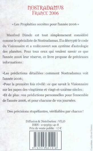 Quatrième de couverture de « NOSTRADAMUS FRANCE 2006 »