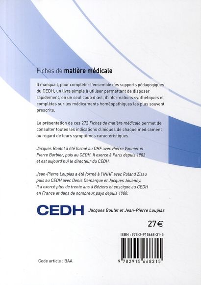 Quatrième de couverture de « FICHES DE MATIERE MEDICALE »