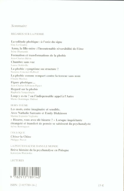 Quatrième de couverture de « LES LETTRES DE LA SPF N 14 - REGARDS SUR LA PHOBIE »