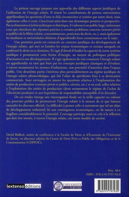 Quatrième de couverture de « ENERGIE SOLAIRE - ASPECTS JURIDIQUES - SOUS LA DIRECTION DE DAVID BAILLEUL »