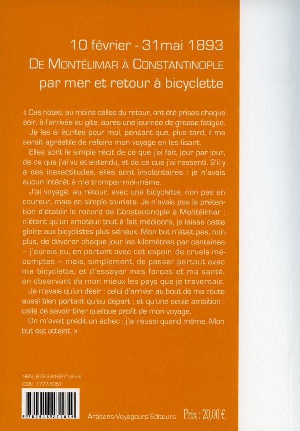 Quatrième de couverture de « DE MONTELIMAR A CONSTANTINOPLE EN BATEAU ET RETOUR A BICYCLETTE »