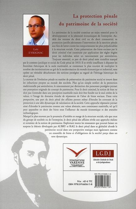 Quatrième de couverture de « LA PROTECTION PENALE DU PATRIMOINE DE LA SOCIETE »