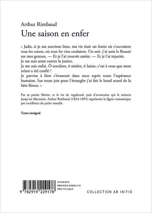 Quatrième de couverture de « UNE SAISON EN ENFER »
