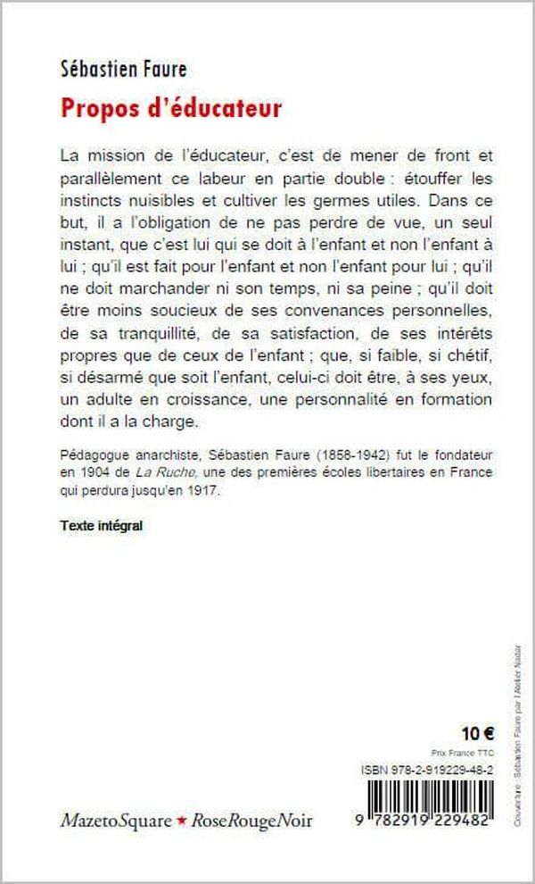 Quatrième de couverture de « PROPOS D'EDUCATEUR »