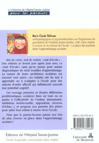 Quatrième de couverture de « J'AI MAL A L'ECOLE - TROUBLES AFFECTIFS ET DIFFICULTES SCOLAIRES »
