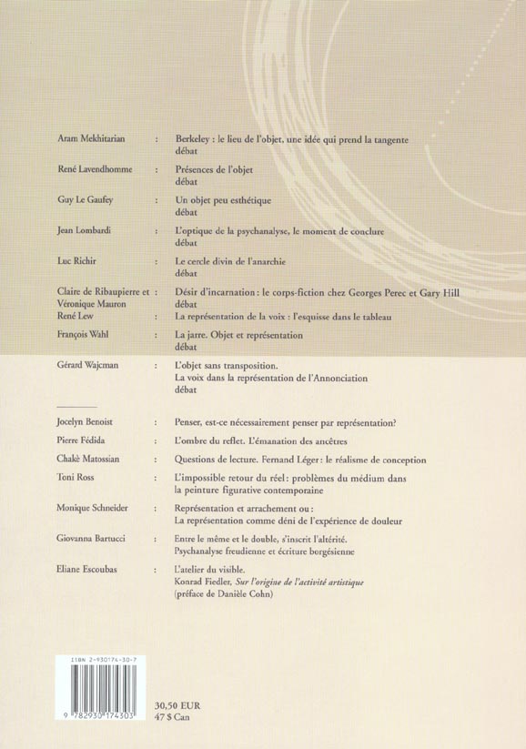 Quatrième de couverture de « LA PART DE L'OEIL N 19 - LA REPRESENTATION ET L'OBJET »