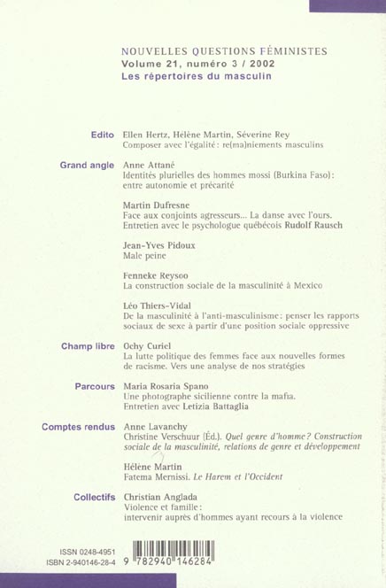 Quatrième de couverture de « NOUVELLES QUESTIONS FEMINISTES, VOL. 21(3)/2002 »