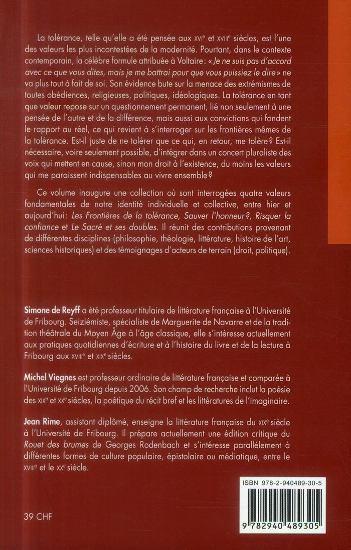 Quatrième de couverture de « LES FRONTIERES DE LA TOLERANCE - AVEC LE CONCOURS DE SANDRA ANNUNZIATA »