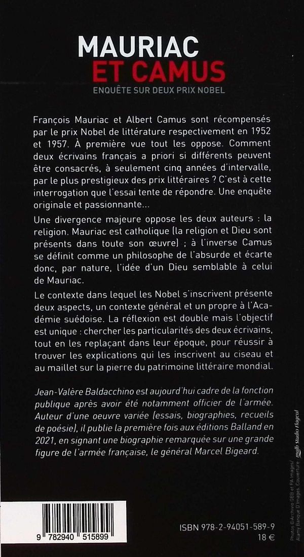 Quatrième de couverture de « Mauriac et Camus : enquête sur deux prix Nobel »