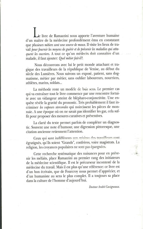Quatrième de couverture de « DES MALADIES DU TRAVAIL »