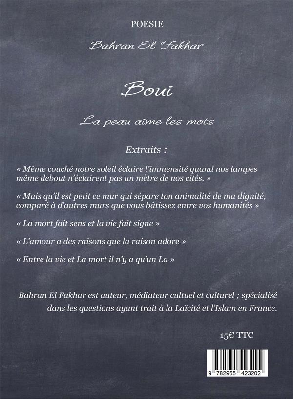 Quatrième de couverture de « BOUI, LA PEAU AIME LES MOTS »