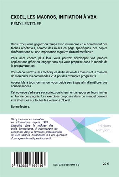 Quatrième de couverture de « EXCEL, LES MACROS, INITIATION A VBA »