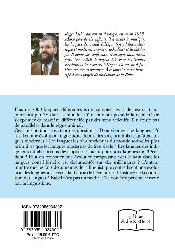 Quatrième de couverture de « Origine et développement des langues : la linguistique opposée à la théorie de l'évolution »
