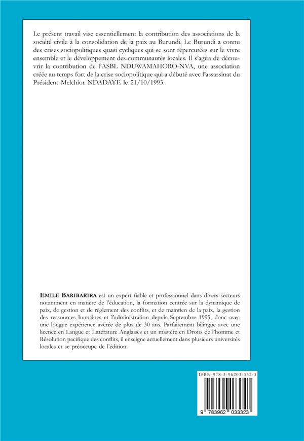 Quatrième de couverture de « CONTRIBUTION DES ORGANISATIONS DE LA SOCIETE CIVILE A LA CONSOLIDATION DE LA PAIX AU BURUNDI: CAS DE »