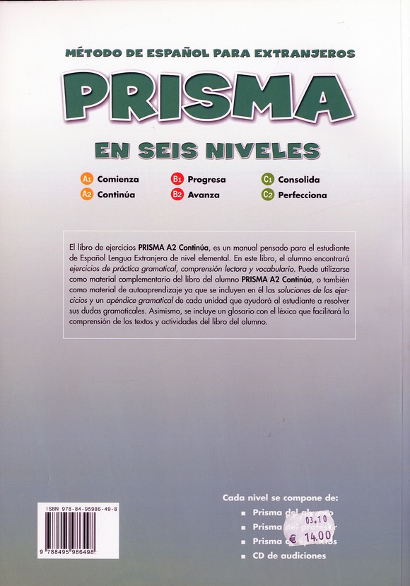 Quatrième de couverture de « PRISMA A2 CONTINUA LIBRO DE EJERCICIOS »