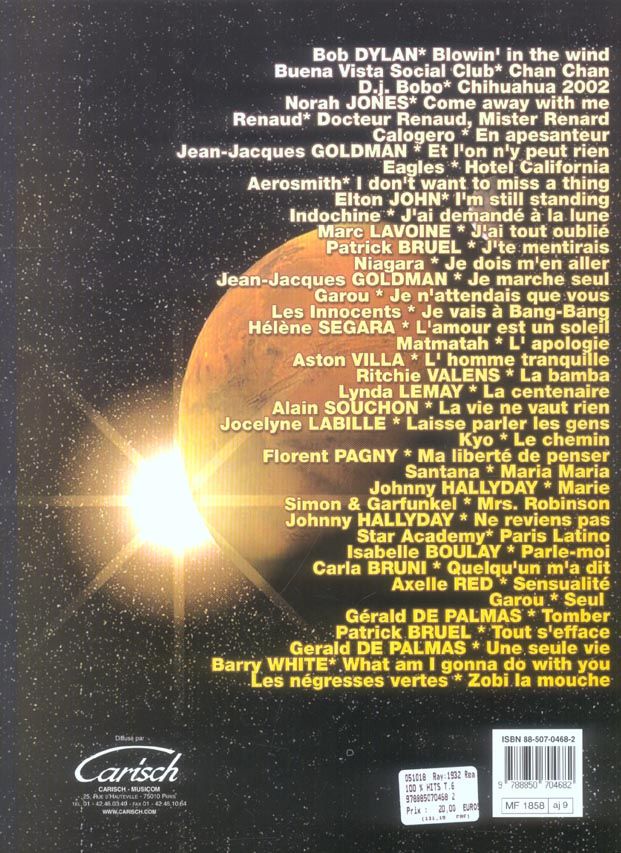 Quatrième de couverture de « 100% HITS, VOLUME 6 PIANO, VOIX, GUITARE »