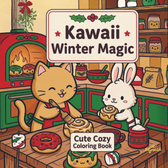 Couverture du livre « KAWAII WINTER MAGIC - CUTE COZY COLORING BOOK:MALBUCH FUR ERWACHSENE & TEENS - MIT SUSSEN KAWAII-MOT » de Elyseah Art, librairie Les Contes Infusés à Corte