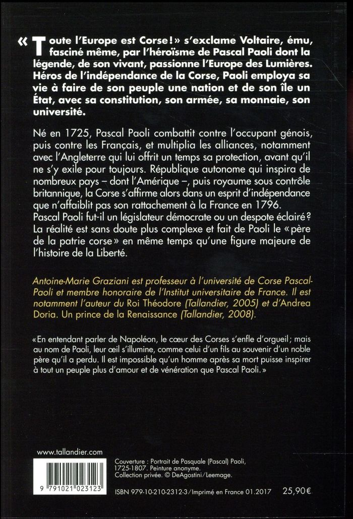 Quatrième de couverture de « PASCAL PAOLI - PERE DE LA PATRIE CORSE »