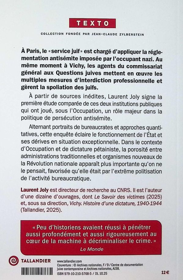 Quatrième de couverture de « L'antisémitisme de bureau : enquête au coeur de l'administration de Vichy, 1940-1944 »