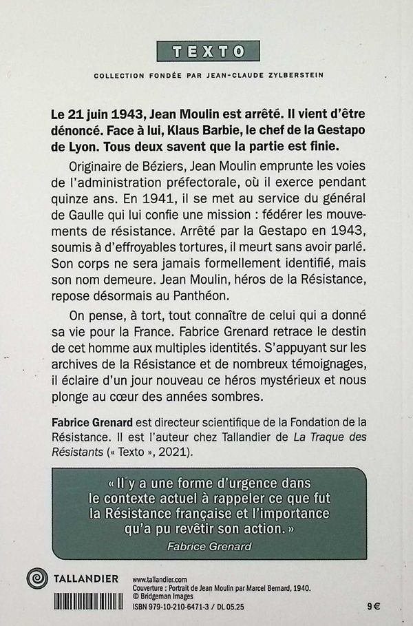 Quatrième de couverture de « Jean Moulin : le héros de la Résistance »