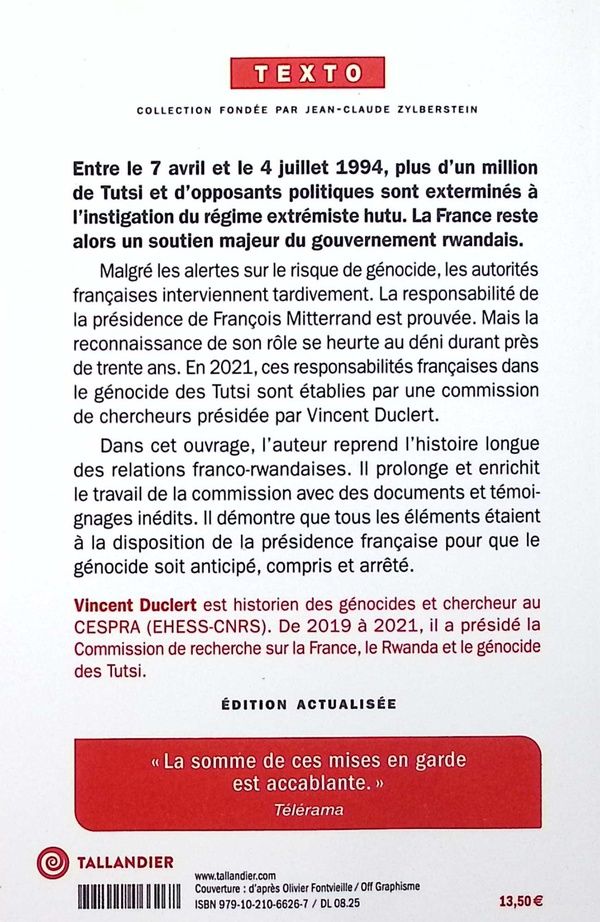 Quatrième de couverture de « La France face au génocide des Tutsi : le grand scandale de la Ve République »