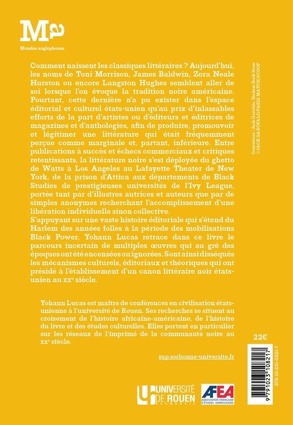 Quatrième de couverture de « Renaissance de Harlem et Black Arts movement : la construction d'un canon littéraire africain-américain »