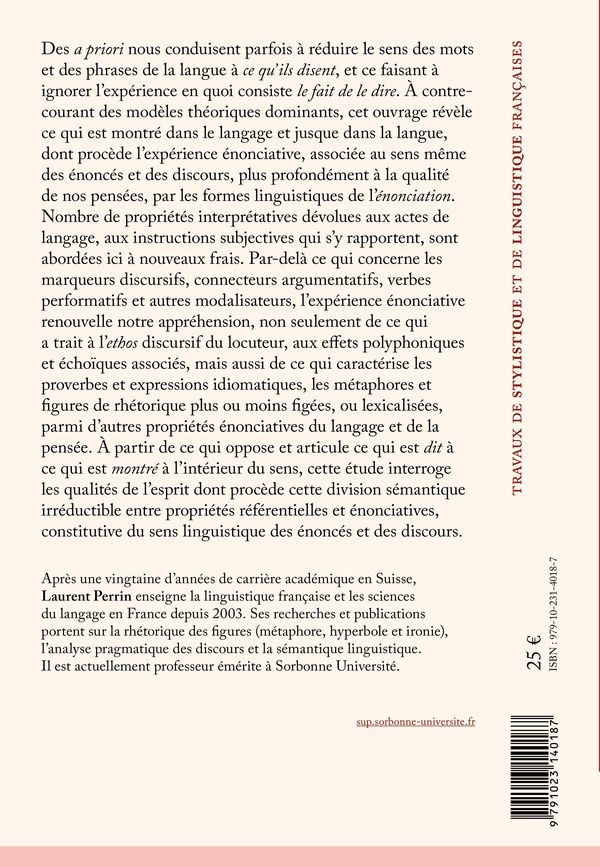 Quatrième de couverture de « Le langage, l énonciation et le cri : sens et formes linguistiques de l expérience énonciative »