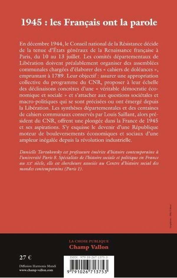Quatrième de couverture de « 1945, les Français ont la parole : les cahiers de doléances des États généraux de la renaissance française »