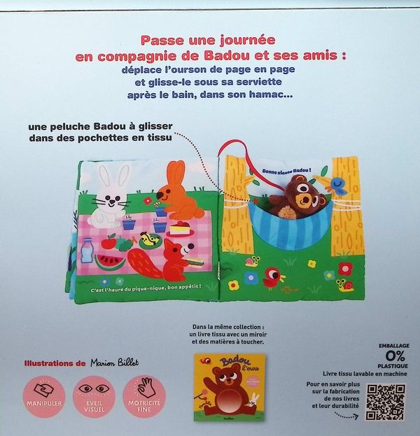 Quatrième de couverture de « Badou et ses amis : avec une peluche à déplacer au fil des pages »