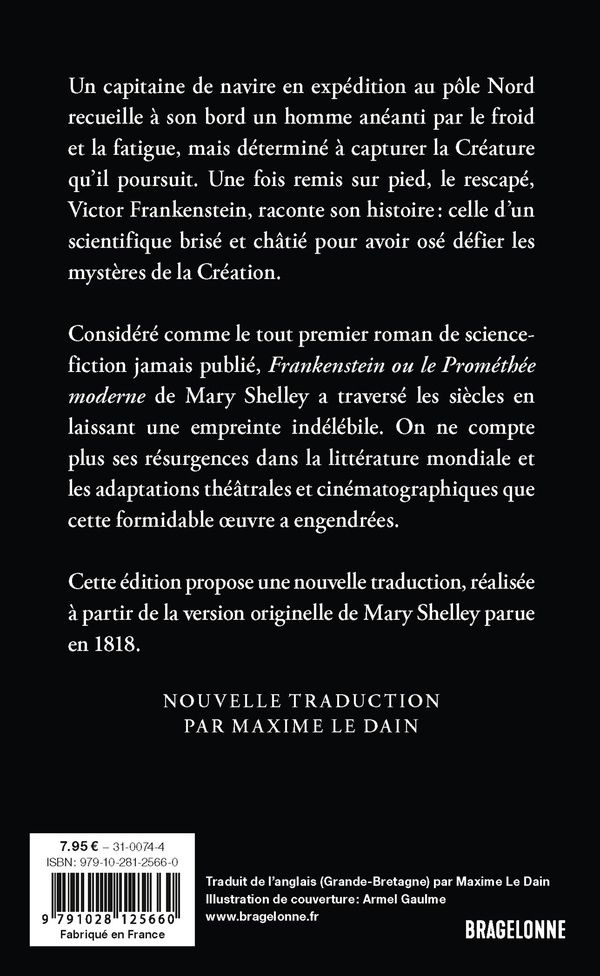 Quatrième de couverture de « Frankenstein ou Le Prométhée moderne »