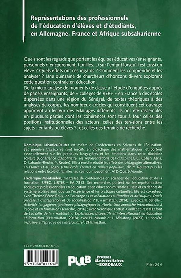 Quatrième de couverture de « Représentations des professionnels de l'éducation d'élèves et d'étudiants, en Allemagne, France et Afrique subsaharienne »