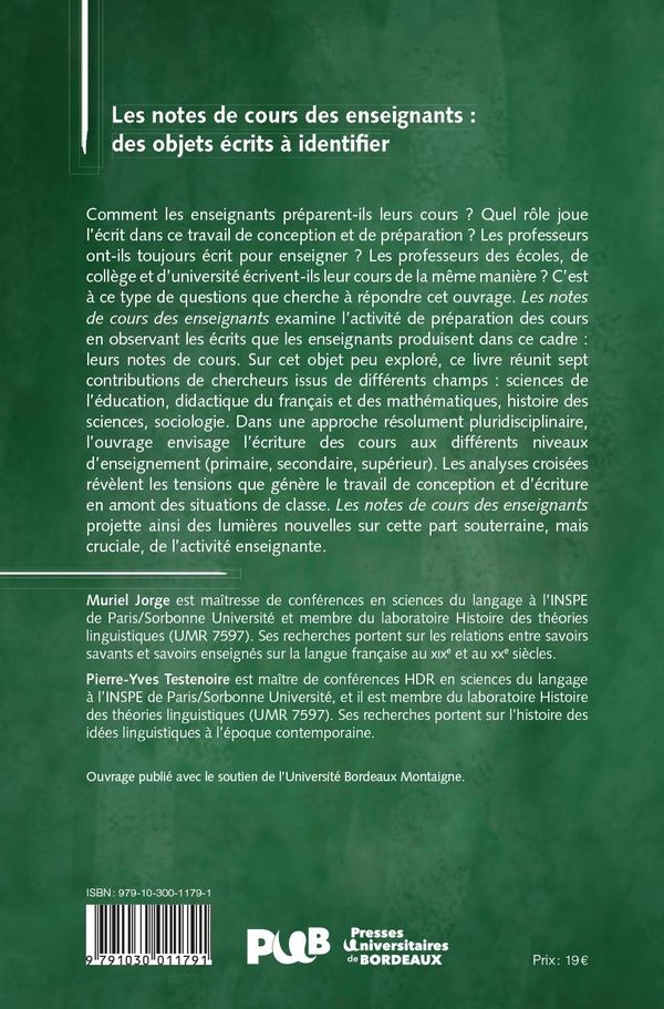 Quatrième de couverture de « Les notes de cours des enseignants : des objets écrits à identifier »