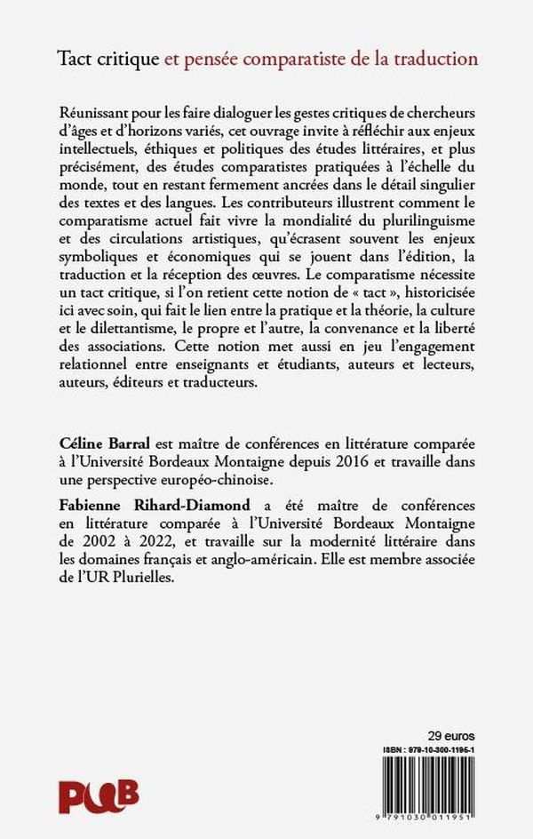 Quatrième de couverture de « Tact critique et pensée comparatiste de la traduction »