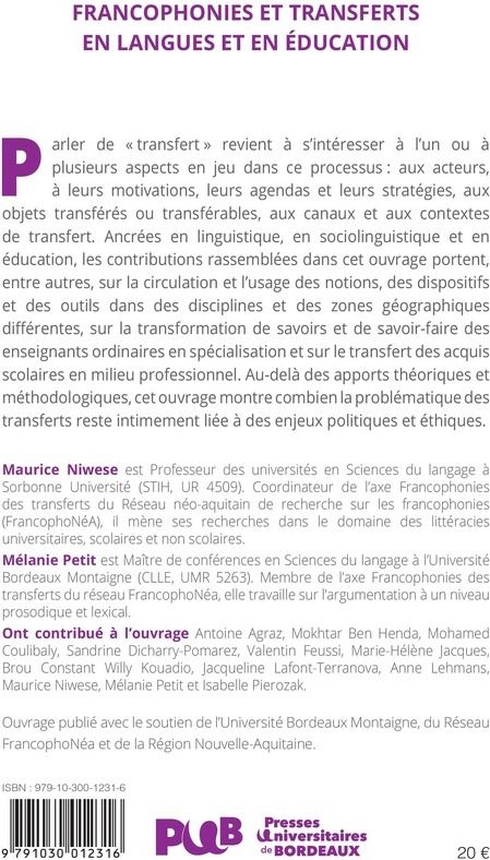 Quatrième de couverture de « Francophonies et transferts en langues et en éducation »