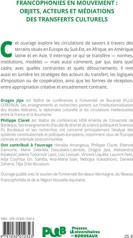 Quatrième de couverture de « Francophonies en mouvement : objets, acteurs et médiations des transferts culturels »
