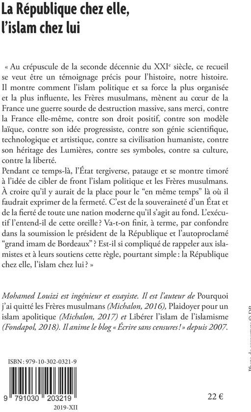 Quatrième de couverture de « LA REPUBLIQUE CHEZ ELLE, L'ISLAM CHEZ LUI »