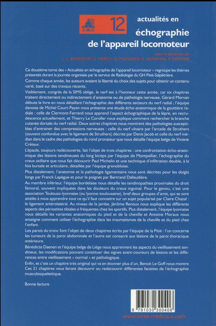 Quatrième de couverture de « ACTUALITES EN ECHOGRAPHIE DE L APPAREIL LOCOMOTEUR T 12 »