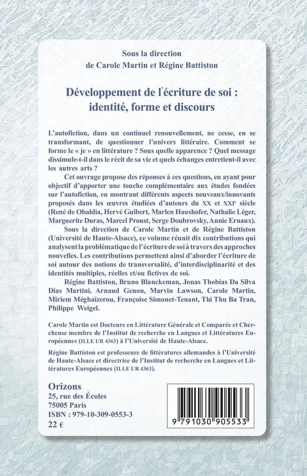 Quatrième de couverture de « Développement de l'écriture de soi : identité, forme et discours »