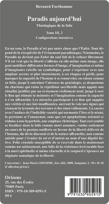Quatrième de couverture de « Paradis aujourd'hui : Théologique de la folie »