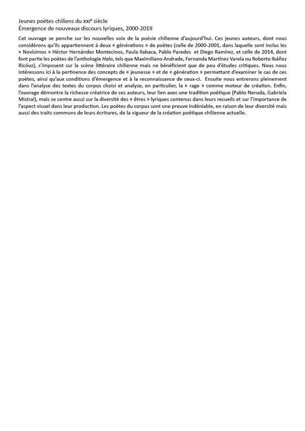 Quatrième de couverture de « Jeunes poètes chiliens du XXIe siècle : émergence de nouveaux discours lyriques, 2000-2019 »